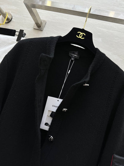 CC 24B Knitted Cashmere and Leather Black Cardigan