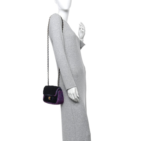Shearling Tweed Quilted Mini Square Flap Bag Purple