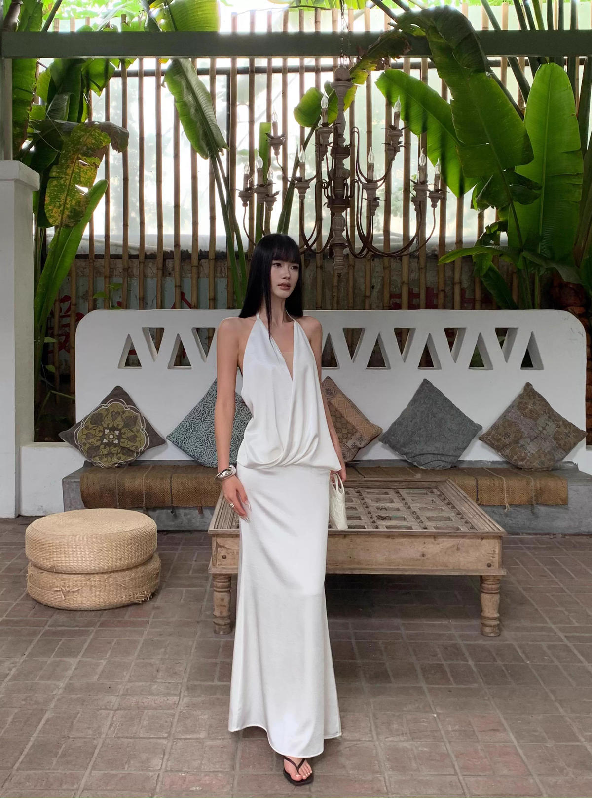 Sexy Halter V Neck White A Line Long Party Dress Formal Backless Evening Gown