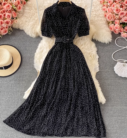 2025 Puff Sleeve Lapel Pleated Polka Dot Dress Waist Slimming Long Swing Dress Short Sleeve R0382