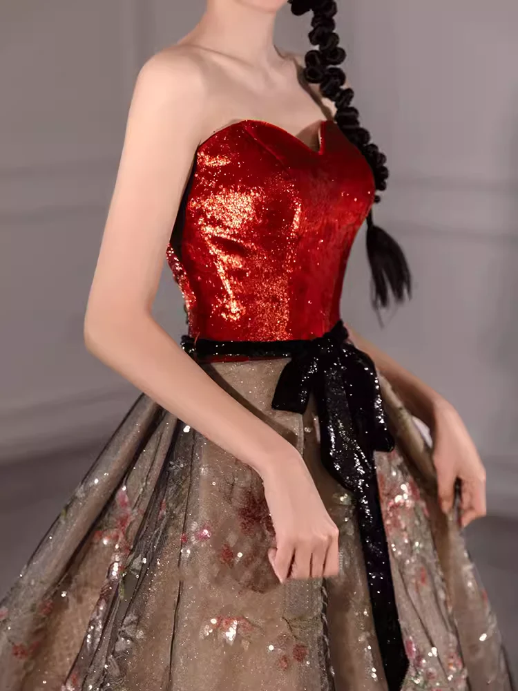 Ball Gown Strapless Burgundy Sequin Long Evening Dress Prom Dress