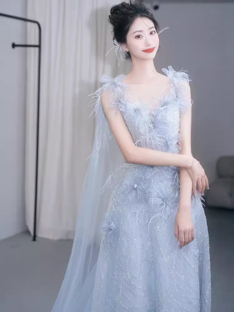 Mermaid Straps Gray Sequin Long Evening Dress Beads Prom Dress  fg8579