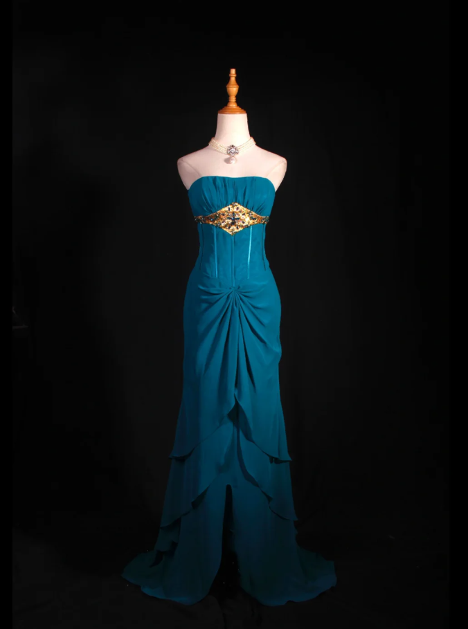 Elegant Blue-green Strapless Chiffon Layered Mermaid Long Evening Dress Formal Wedding Guest Dress With Beads D2258