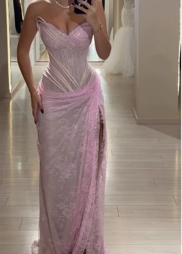 Pretty Pink Strapless Lace Pleated Mermaid High Slit Evening Dress Long Birthday Party Dress D1899