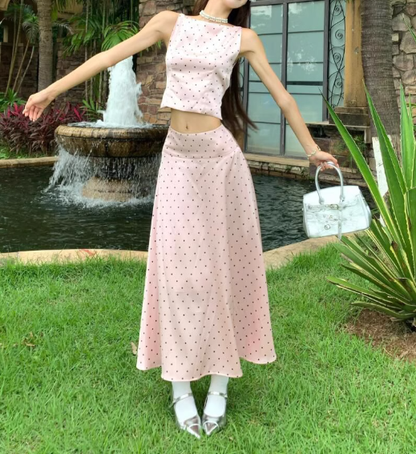 Pink polka dot suspender top two-piece set chic sweet and spicy skirt set R0822