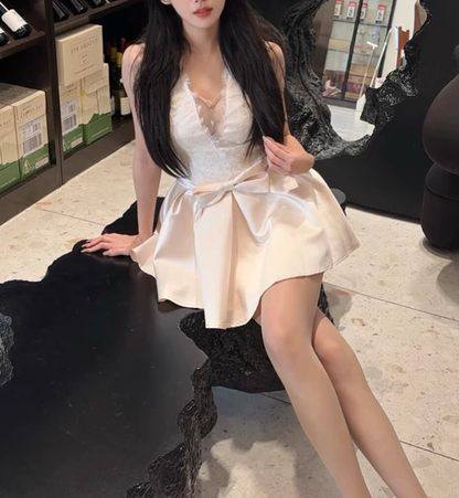 Lace patchwork dress for women, elegant waist bow dress R3138