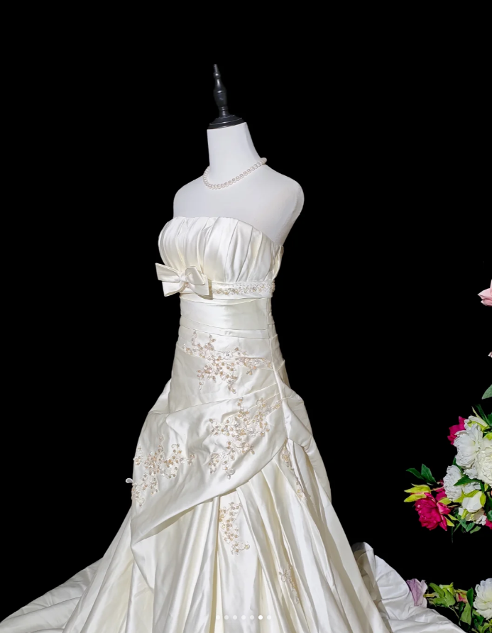 Charming Strapless Ivory Beaded Satin Pleated Mermaid Long Evening Dress Formal Birthday Prom Gowns