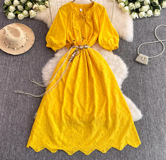 Rose Story Same Style Mid Sleeve V-Neck Yellow Dress Summer French Loose Skirt R0313