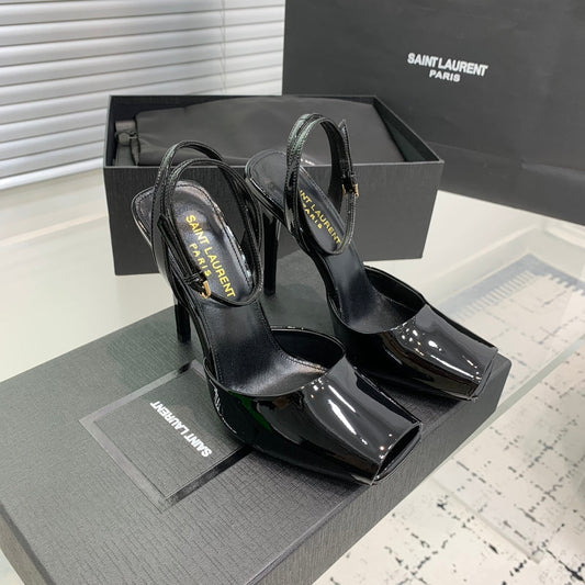 SL FISH MOUTH SANDAL PUMP BLACK POLISHED CALFSKIN