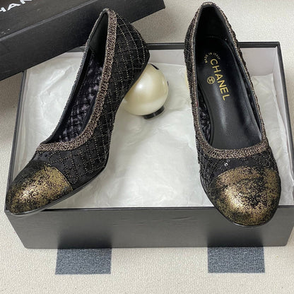 CC 26 Beaded Sequin Pump With Double C Pearl Heel Black Mesh Leather