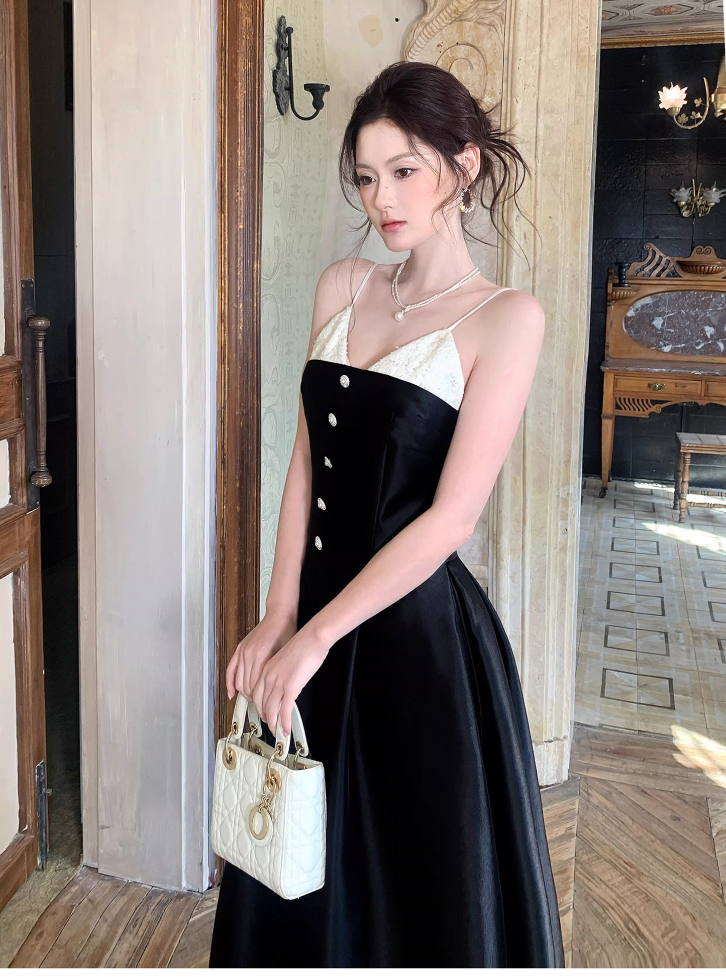 Pretty Spaghetti Straps V Neck Satin A Line Long Evening Dress Black Birthday Dress SP1655