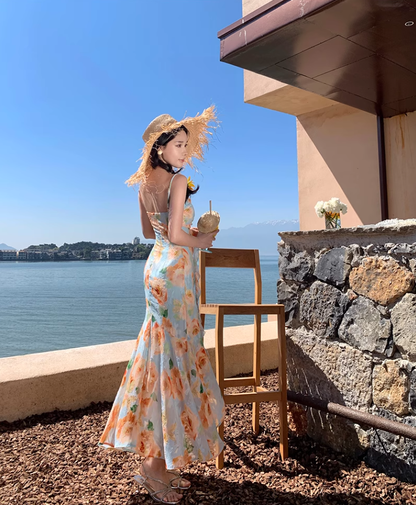 Retro floral suspender dress, beautiful temperament beach dress R0602