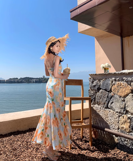 Retro floral suspender dress, beautiful temperament beach dress R0602