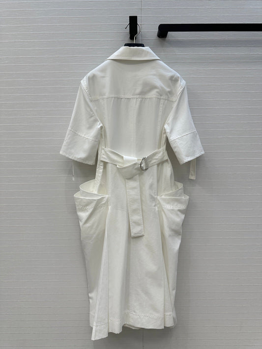 BV V-neck  Rolled-Up Sleeve Dress in White Tencel