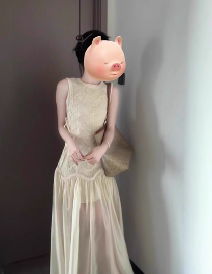 French sleeveless vest dress new style gentle style temperament mesh splicing waist a-line long skirt R0431