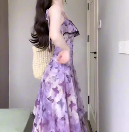 Purple oil painting floral suspender dress beautiful waist A-line long skirt R0749