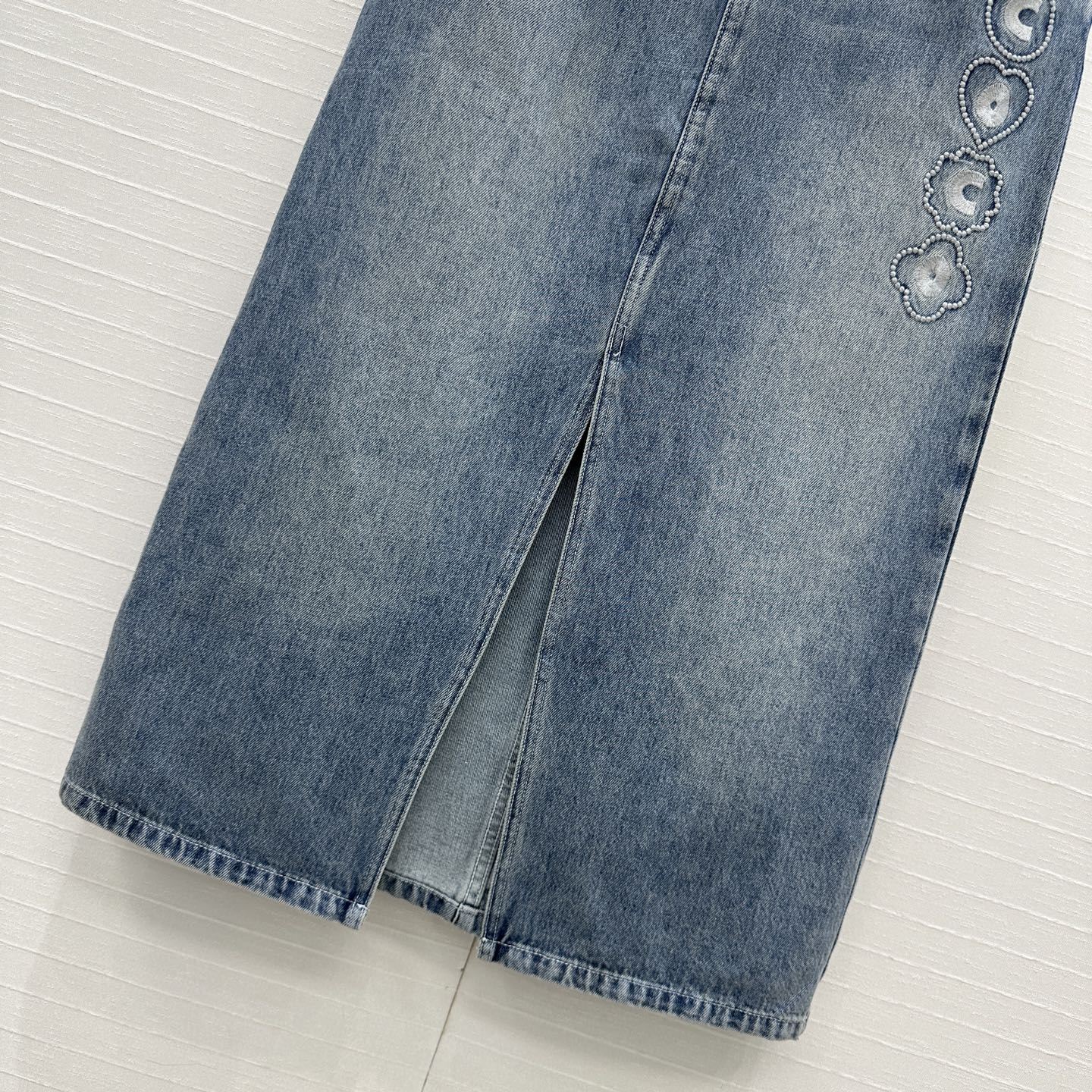 CC 25 Embroidered Midi Skirt Blue Denim Cotton