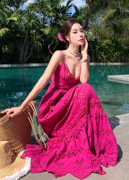 French retro heavy hollow flower embroidery design rose red suspender dress waist lace long skirt R0205