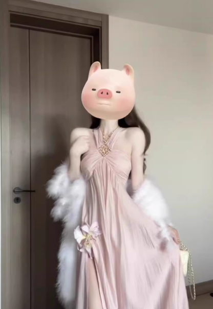 Beach vacation pink halter neck off-shoulder dress gentle temperament unique A-line long skirt R0430