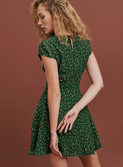 Chiffon Dress French Round Neck Green Floral Petite Mini Skirt R2905