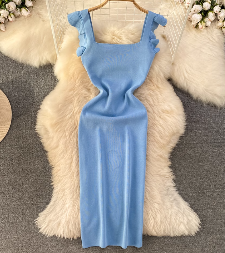 Flying sleeve suspender dress, elegant waist-length knitted hip-wrapped dress R0333