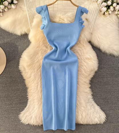 Flying sleeve suspender dress, elegant waist-length knitted hip-wrapped dress R0333