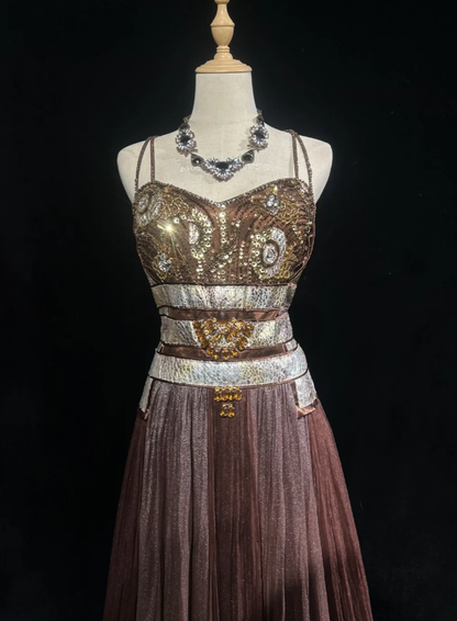Vintage Spaghetti Straps Satin Beaded A Line Long Party Dress Formal Birthday Evening Gown