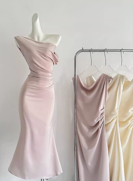 Swing collar off-shoulder dress French style women's three-color waist fishtail skirt women R0269