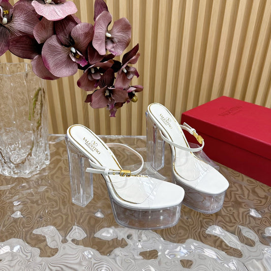 HIGH HEEL SANDAL 14CM IN WHITE CALFSKIN AND TRANSPARENT PVC