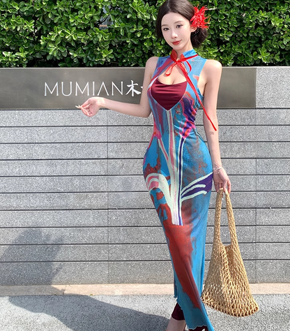 Retro contrast color hollow dress sexy temperament waist slim hip skirt R0658
