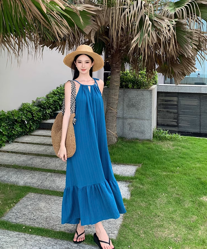 Bohemian retro blue white sling fishtail dress holiday style seaside beach dress sling dress long skirt R0196