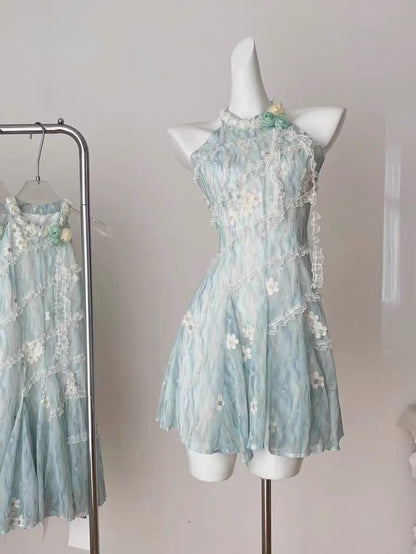 Gray blue sleeveless waisted A-line short skirt homecoming dress R4097