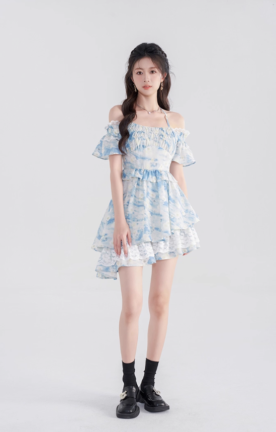 One-shoulder floral dress summer lotus leaf sleeve suspender skirt new high waist A-line skirt R4422