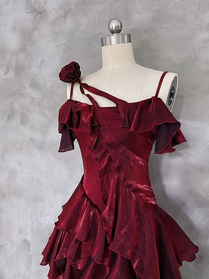 Pretty Asymmetrical Layered Flounce Spaghetti Strap Satin Prom Dress Mermaid Evening Gown cc1459