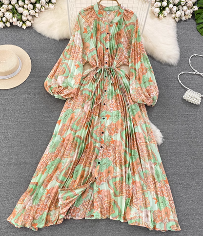 Light luxury temperament lantern long sleeve round neck waist single breasted print elegant dress R0403