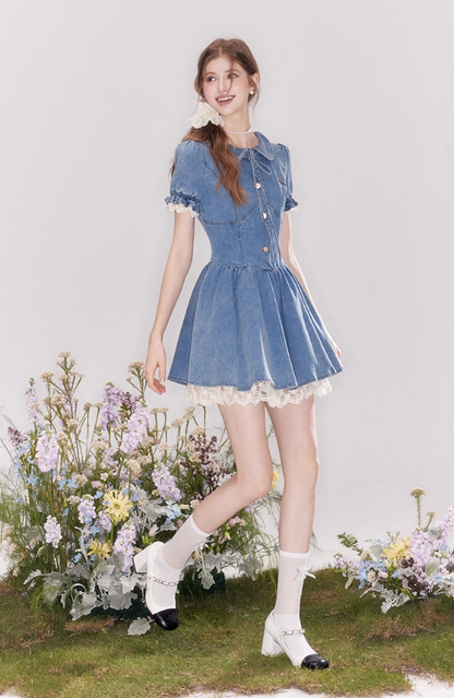 Vintage denim dress with baby doll collar, puff sleeves and waist-hugging tutu skirt R4543