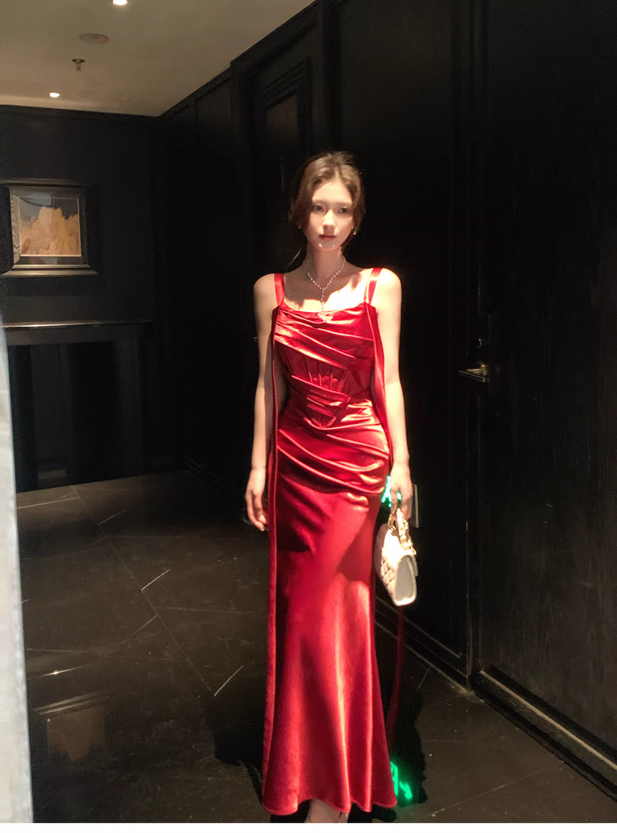 Charming Spaghetti Straps Red Satin Pleated Mermaid Long Wedding Guest Dress Party Dress SP1504