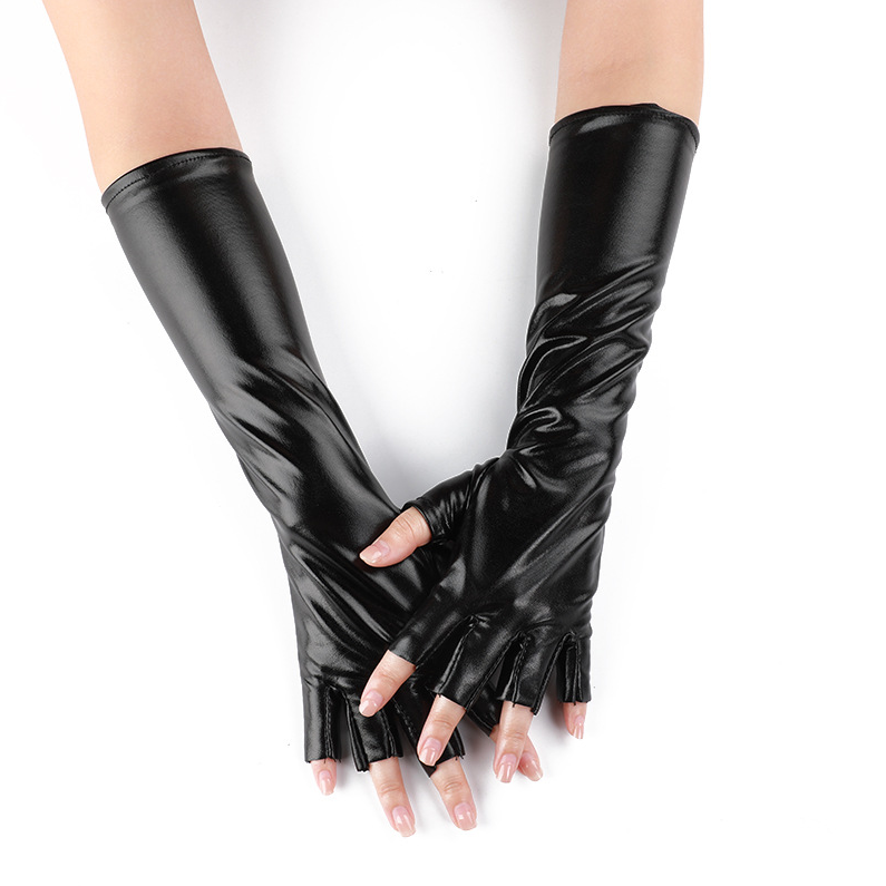 Half Finger Patent Leather Stretch Gloves Holiday Party Cosplay Costume Decoration Mid-Length     S6264