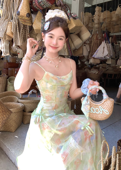 Mid-length chiffon waist-hugging sling neckline A-line dress summer French style slim temperament skirt R4737