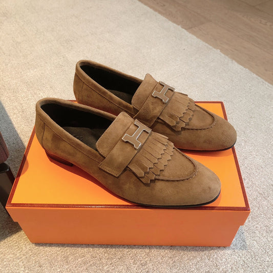 Royal Loafer Brown Suede Calfskin With Fringe Detail And Brown Silver Signature Buckle 509433
