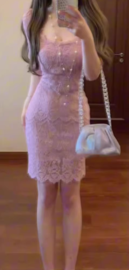 French style high-end purple lace dress sexy hot girl beautiful unique waist slim hip short skirt R0483