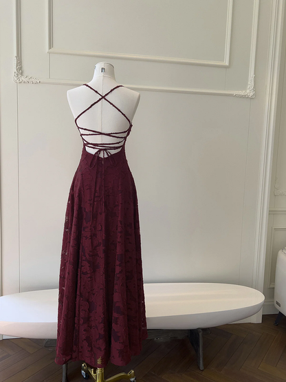 Wine Red Lace Cross Back Party Dress Prom Dress, Wine Red A-line Evening Dress  fg8740