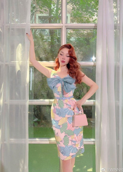 Pink fan print retro waist slim hip skirt homecoming dress R2945