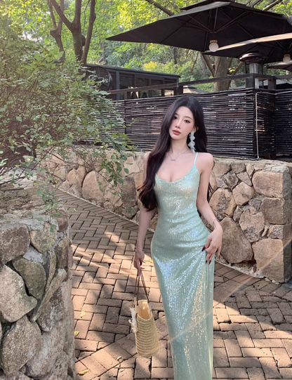Seaside holiday style sexy backless suspender dress royal sister socialite high-end wear sequin dress R0482
