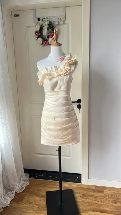 Elegant Homecoming Dress One Shoulder Shirred Flower Back to School Outfits Party Dress  D6450