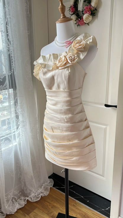 Elegant Homecoming Dress One Shoulder Shirred Flower Back to School Outfits Party Dress  D6450
