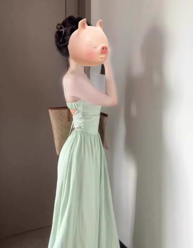 Women's mint green suspender dress holiday style waist backless temperament long dress R0465