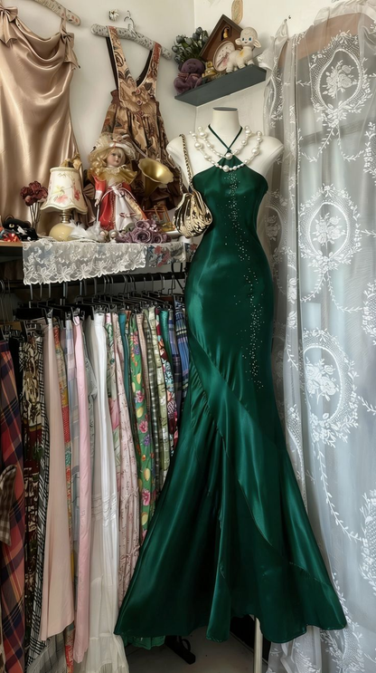 Sexy Royal Blue Satin Beaded Mermaid Long Wedding Guest Dress Formal Evening Dress Party Gown