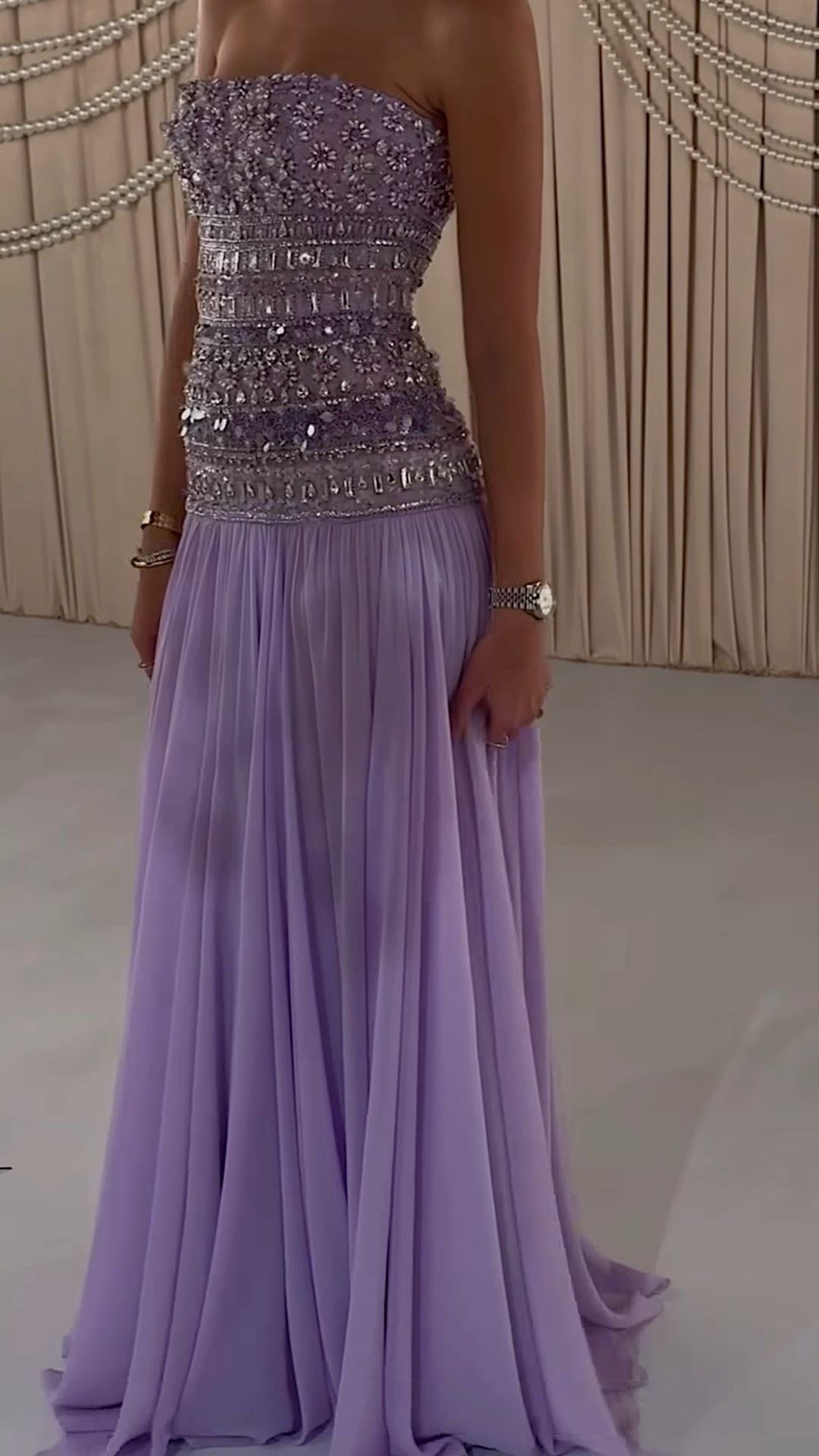 Classy Strapless Lilac Chiffon Beaded Mermaid Long Party Dress Formal Wedding Guest Dress D1744
