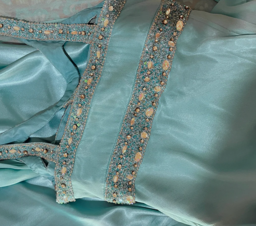 Retro Blue Satin Chiffon Beaded Mermaid Long Evening Dress Formal Wedding Guest Dress D2136